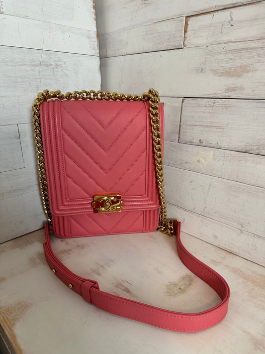 Chanel Pink Chevron Quilted Lambskin North-South Le Boy