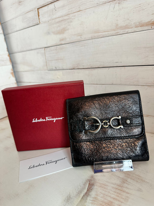 Salvatore Ferragamo Black Metallic Leather Bifold