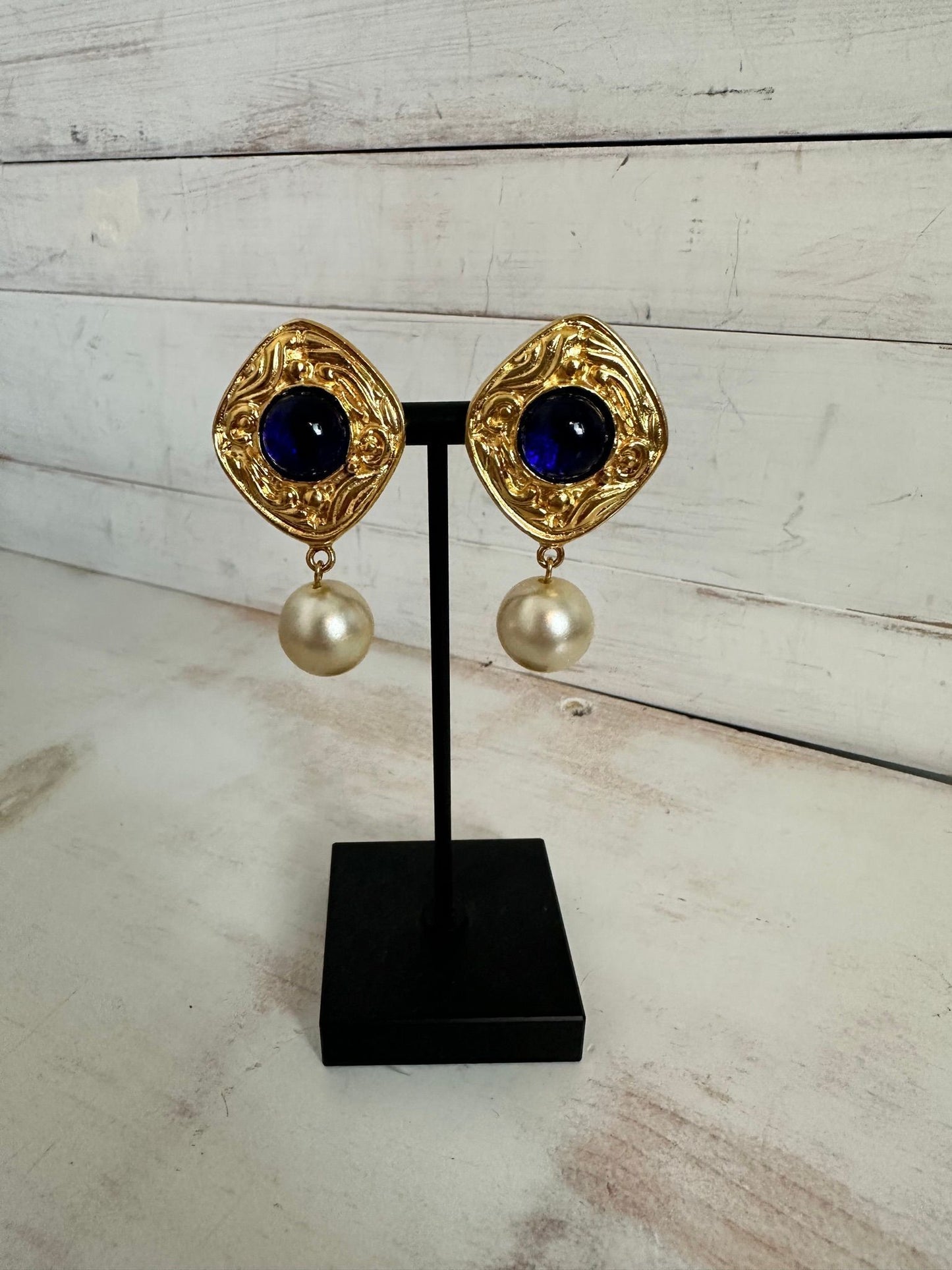 Vintage Chanel Blue Gripoix and Faux Pearl Earrings