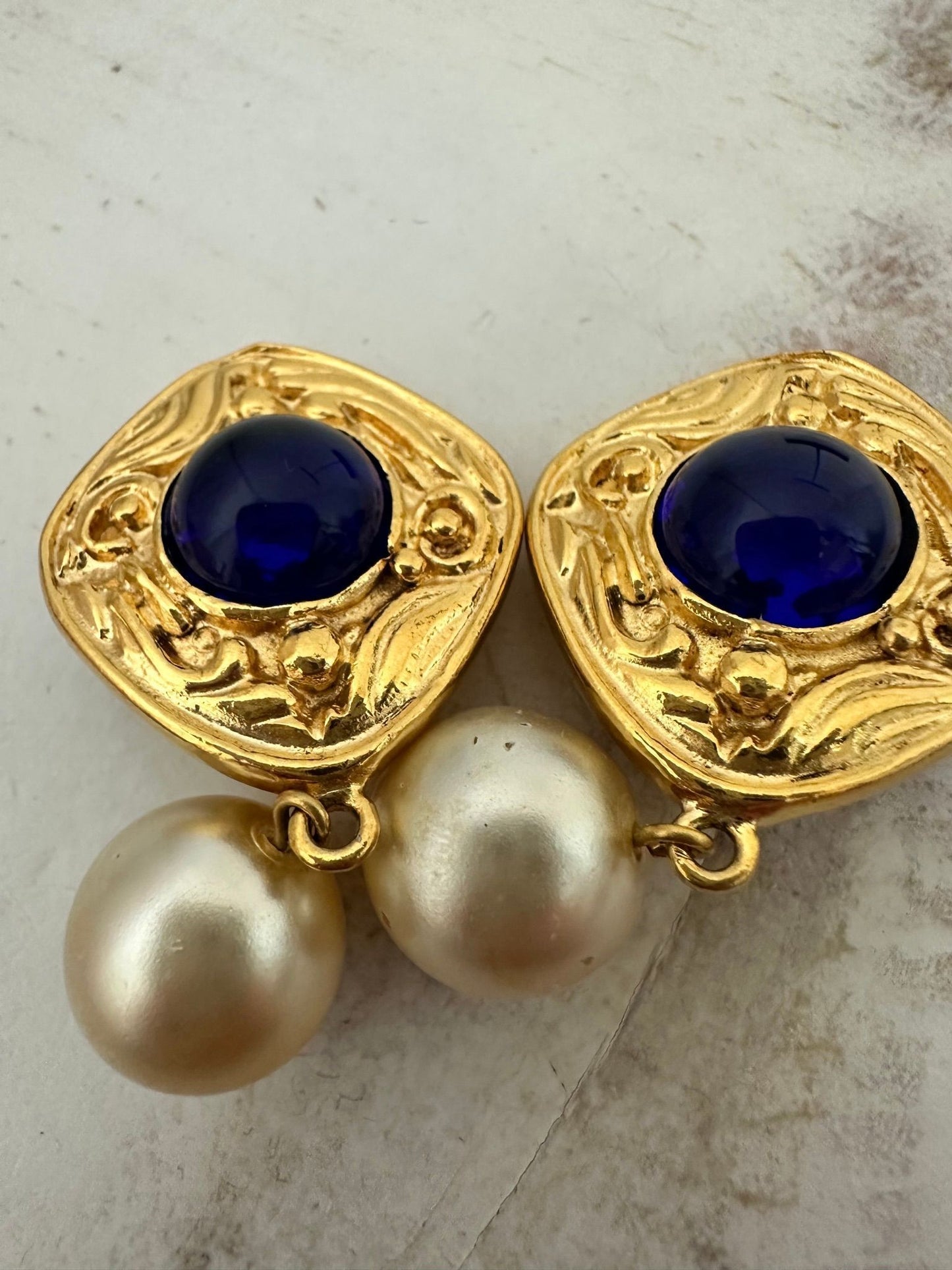 Vintage Chanel Blue Gripoix and Faux Pearl Earrings