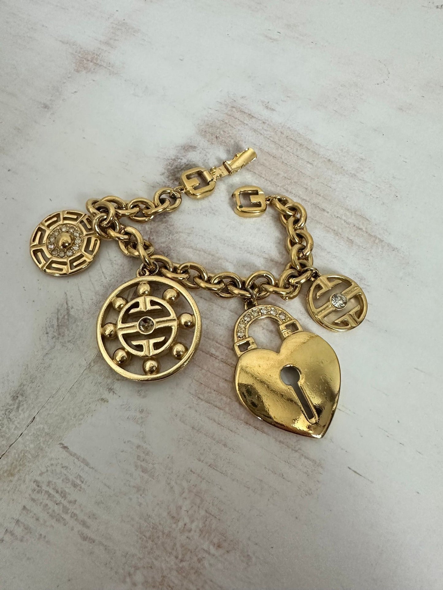 Vintage Givenchy Gold Plated Heart Lock Charm Bracelet