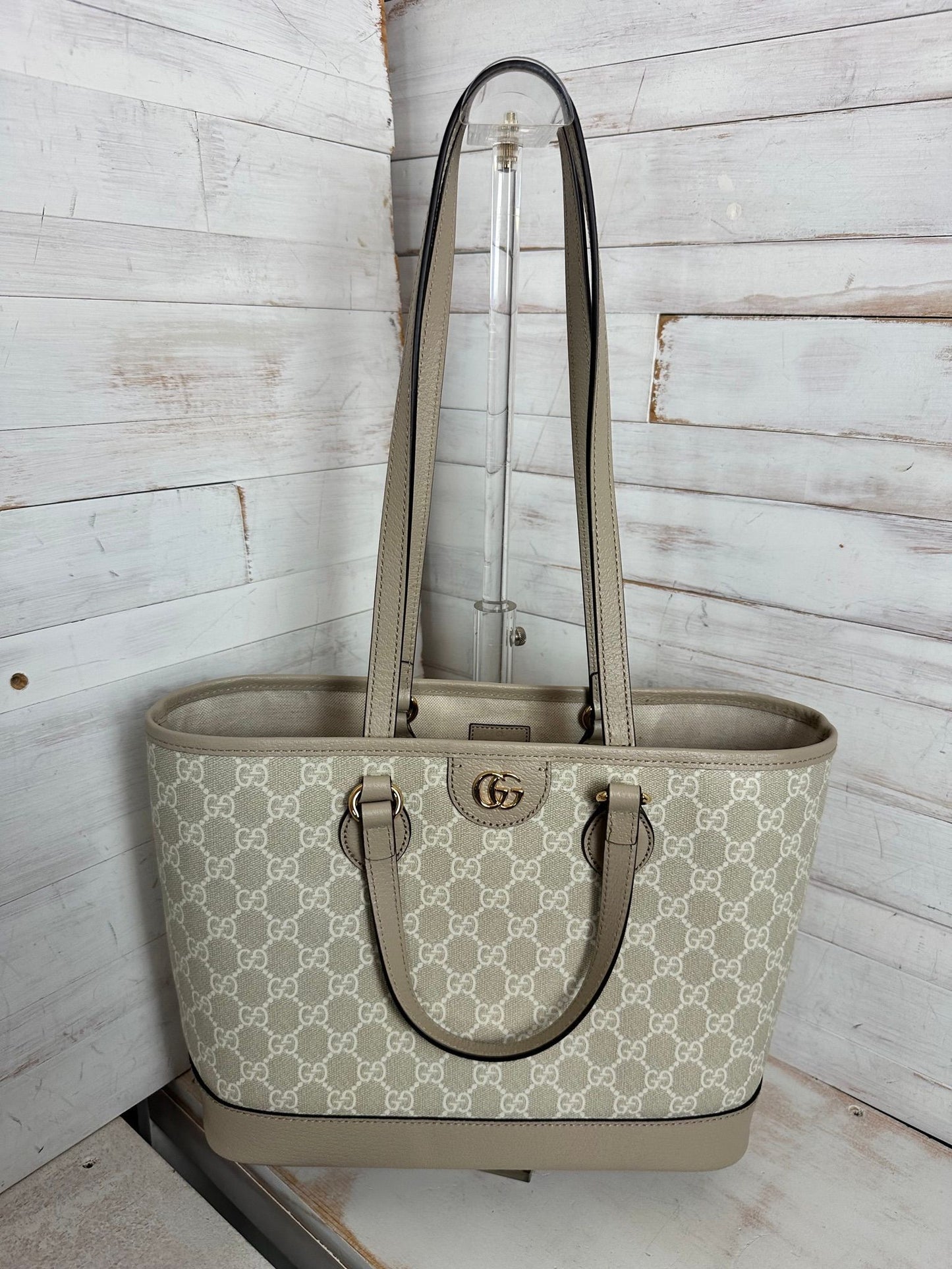 Gucci GG Supreme Monogram Textured Calfskin Small Ophidia Shoulder Tote Bag Beige Mystic White Oatmeal