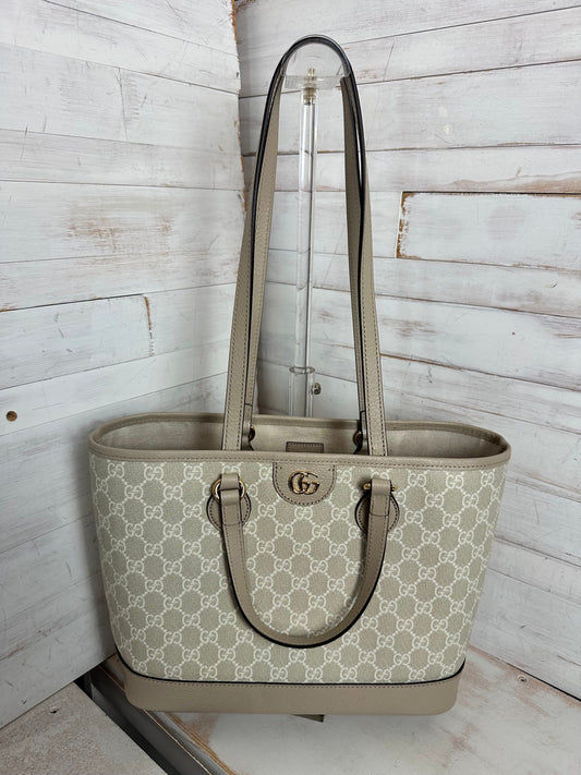 Gucci GG Supreme Monogram Textured Calfskin Small Ophidia Shoulder Tote Bag Beige Mystic White Oatmeal