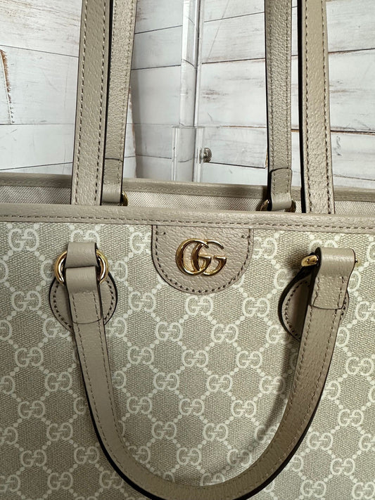 Gucci GG Supreme Monogram Textured Calfskin Small Ophidia Shoulder Tote Bag Beige Mystic White Oatmeal