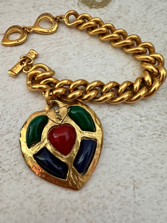YSL RARE Vintage Cabochon Gold Plated Heart Bracelet