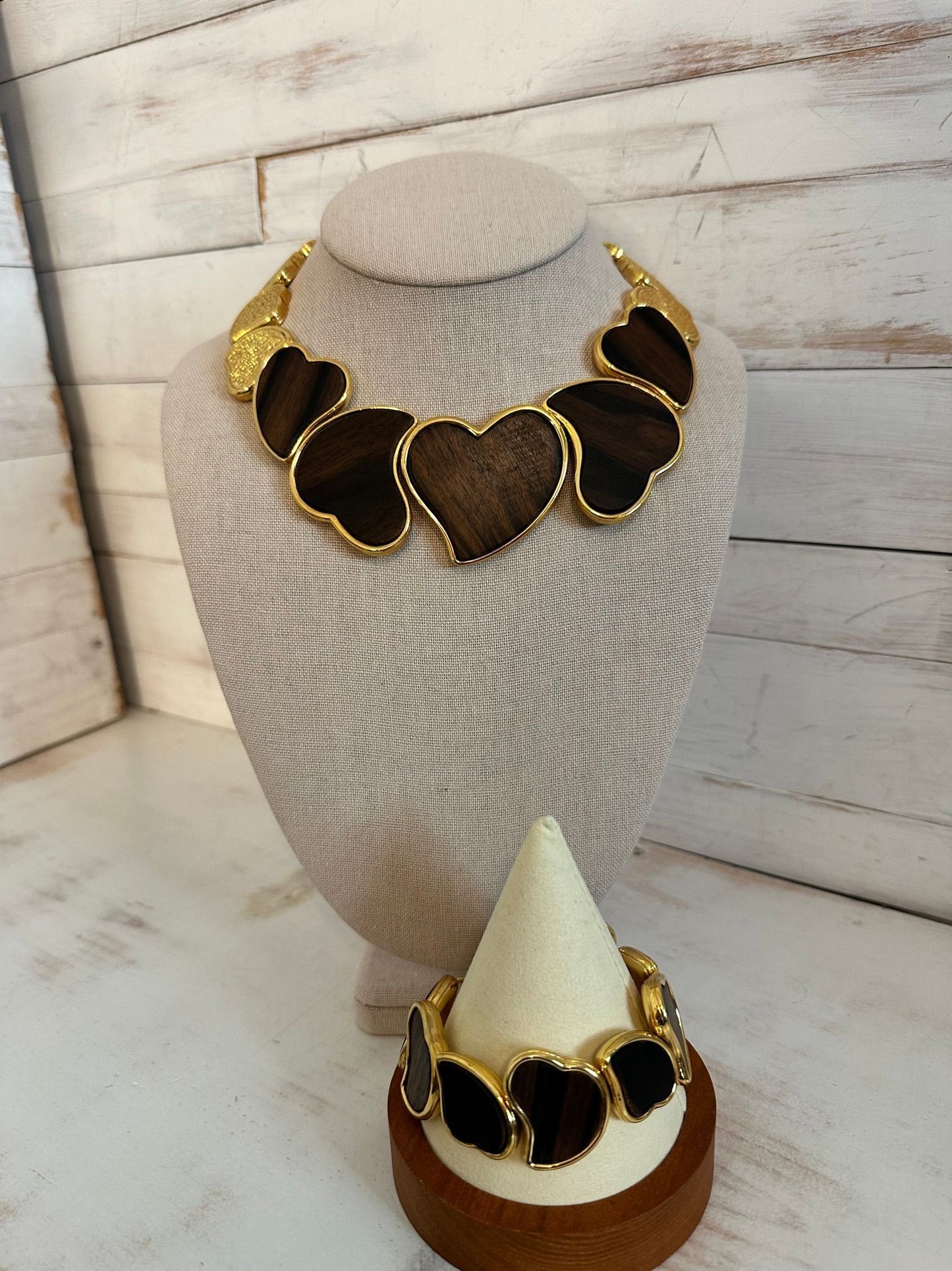 RARE YSL Golden Ebony Wood Heart Necklace and Bracelet