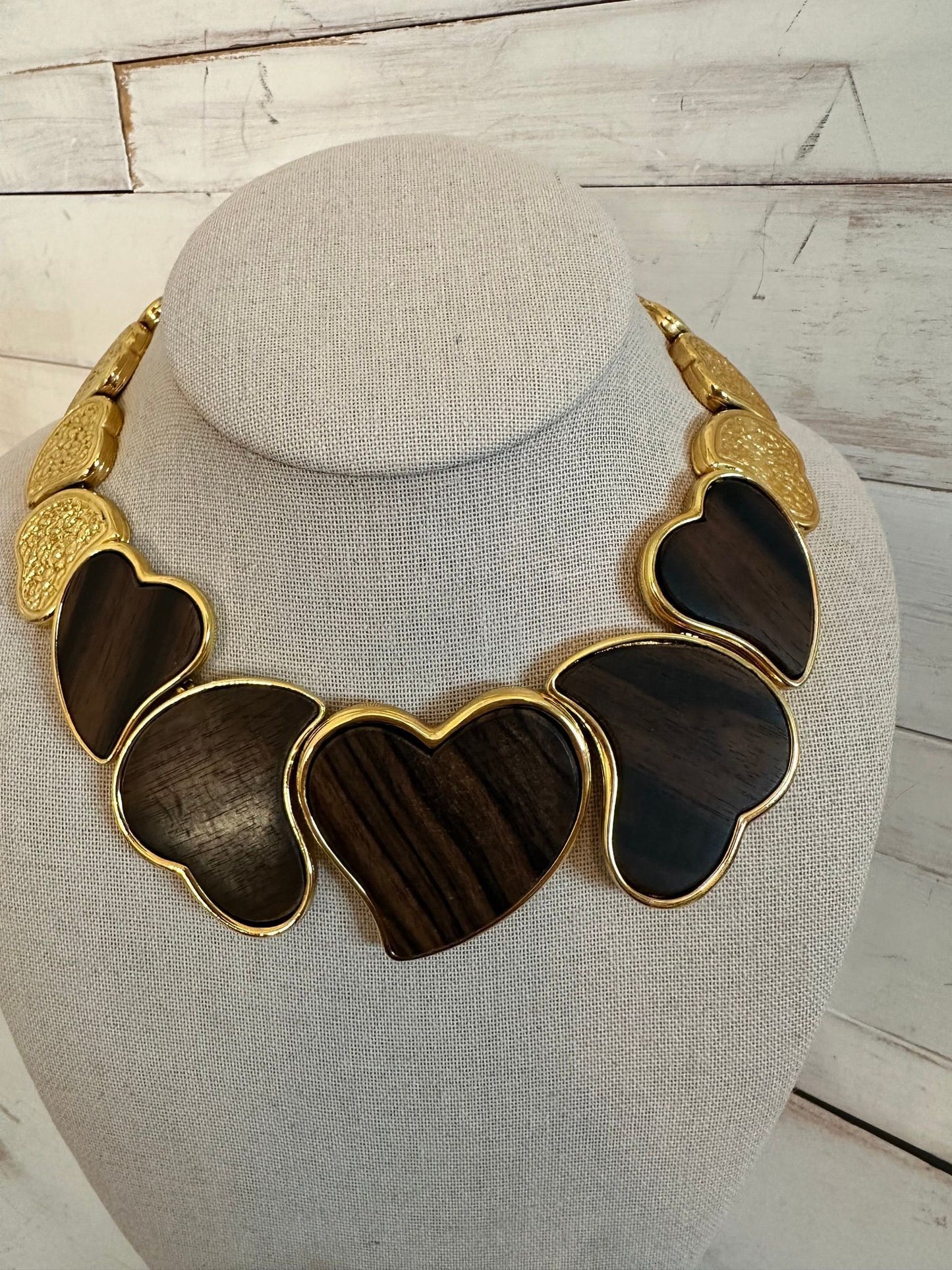 RARE YSL Golden Ebony Wood Heart Necklace and Bracelet
